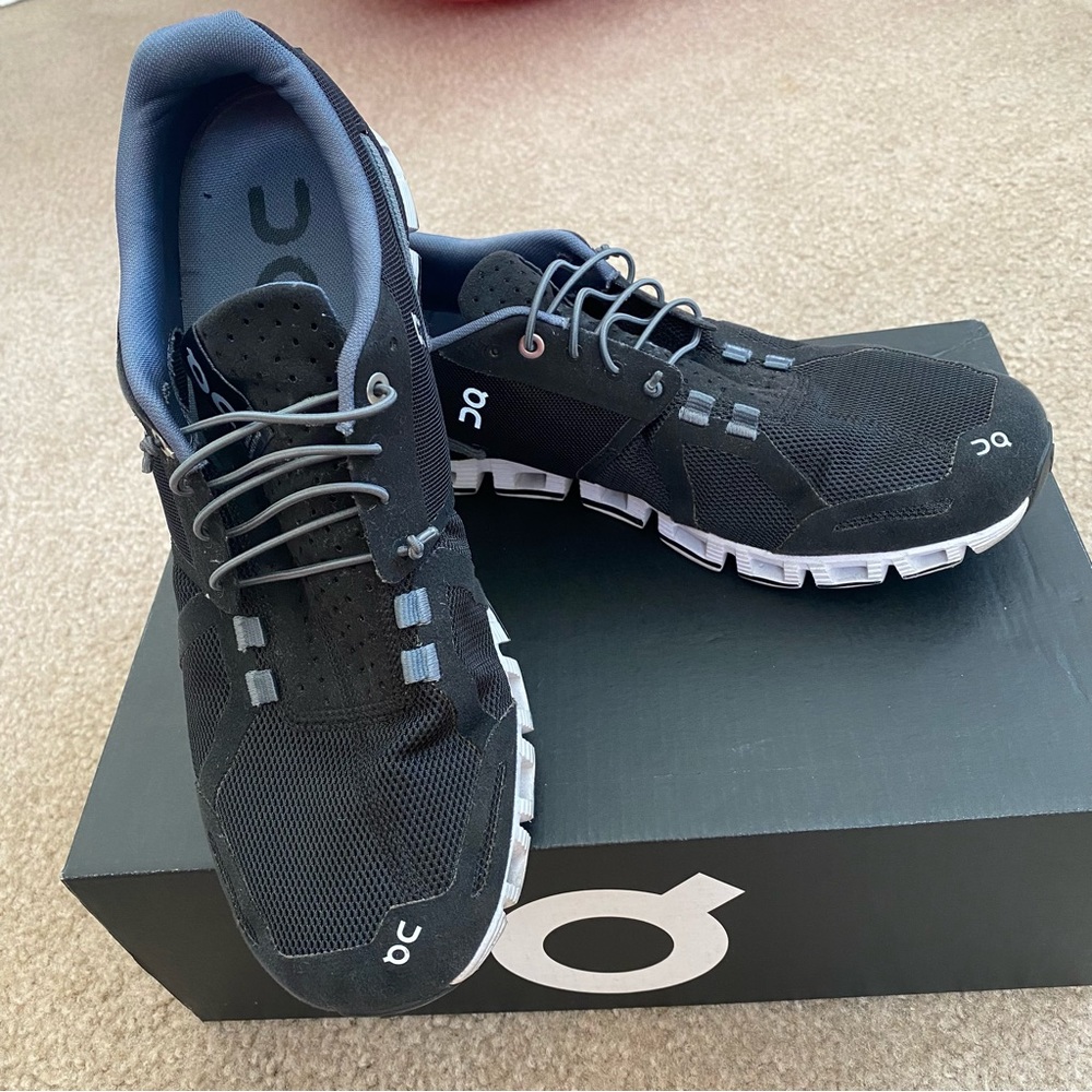 ON running shoes, used, black outside, blue inside, size 10.5